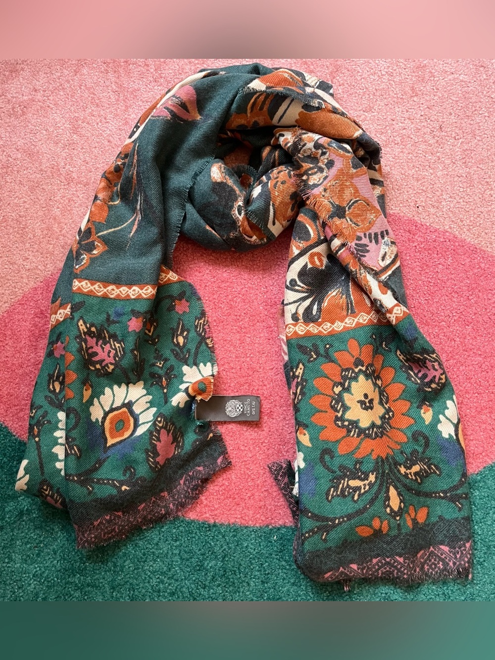 Vince Camuto Paisley Floral Scarf Micro Fringe Green Boho Soft Rectangle